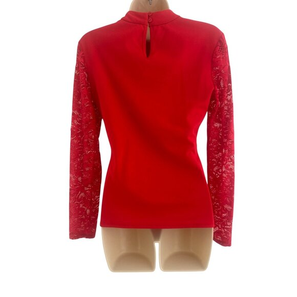 Venus Red Lace Long Sleeves Ruffle Knit Top Size S Christmas Holiday Evening - Picture 4 of 9